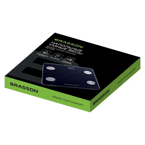 Весы напольные диагностические BRASSON (брассон) FS-33D, 30x30 см, до 180 кг, 15 параметров, стекло, черные, 458447