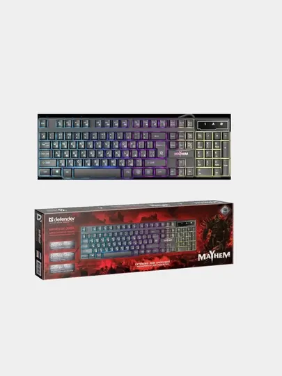 Клавиатура проводная, игровая, мембранная Defender Mayhem USB, с подсветкой RGB