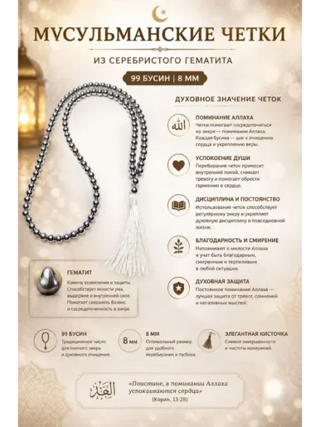 Мусульманские четки из серебристого гематита 99 бусин 8 мм 4itke
