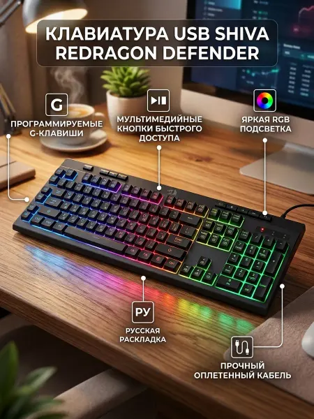 DEFENDER Клавиатура,для компьютера, игровая SHIVA REDRAGON USB RGB