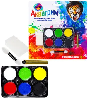 *Аквагрим(Grimma) Краски 6цв [краски; карандаш; апликатор; спонж] (КС-4624)