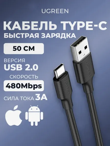 Кабель USB Type-C Быстрая зарядка телефона андроид iPhone UGREEN