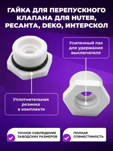 Гайка для перепускного клапана для Huter, Ресанта, Deko, ИНТЕРСКОЛ