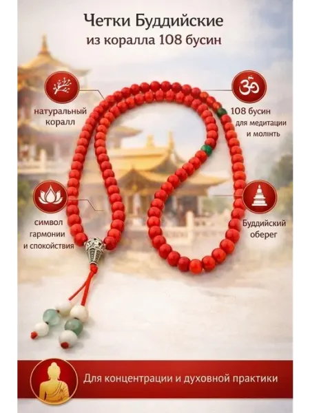 Четки Буддийские из коралла 108 бусин 4itke