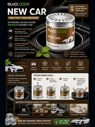 Автомобильный ароматизатор BLACK ODOR NEW CAR с натуральными эфирными маслами, до 60 дн - Ароматизаторы автомобильные
