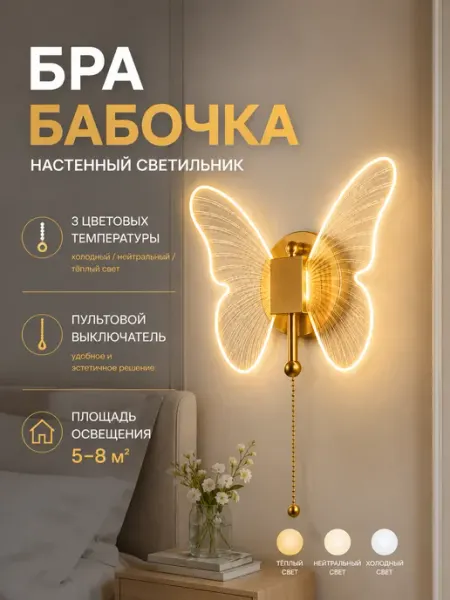 Бра на стену светодиодный с выключателем светильник бабочка Starshade