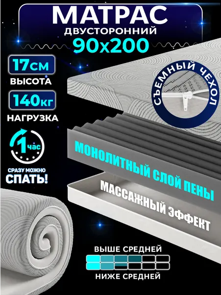 Матрас 90х200 см беспружинный ортопедический односпальный на кровать, рулонный, съемный чехол, Ами Мебель
