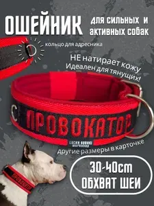Ошейник с вышивкой "ПРОВОКАТОР". Размер 30-40см. Широкий на пряжке, усиленный, для средних и крупных собак. Для прогулок, дрессировки, спорта. Чёрный с красным. Ширина 5см