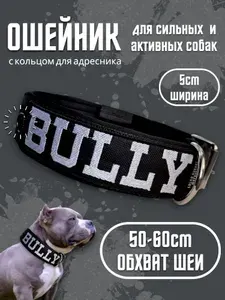 Ошейник с вышивкой "BULLY". Размер 50-60см. Широкий на пряжке, усиленный, для средних и крупных собак. Для прогулок, дрессировки, спорта. Чёрный. Ширина 5см. Ошейник для Булли