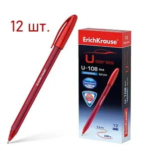 Ручка шариковая 12 шт одноразовая ERICH KRAUSE U-108 ORIGINAL Stick пишущий узел 1,0 мм цвет чернил красный