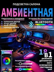 Подсветка салона автомобиля Ambient Light RGB контурная амбиентная, светодиодная лента для автомобиля,Комплект подсветки для автомобиля, с динамическим режимом с управлением через телефон, 18 в 1
