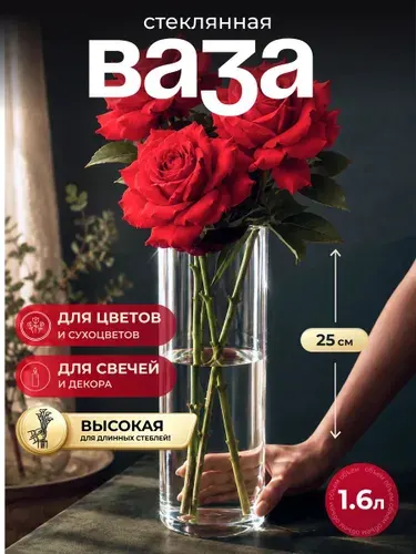 Ваза для цветов стеклянная прозрачная TEATASTY, 25 см / 1,6 л
