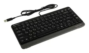 Компактная низкопрофильная тонкая проводная USB мини клавиатура A4Tech Fstyler FK11 Black / чёрный, мембранная, малошумная, без цифрового блока, 86 кл., FN, влагозащита, белые английские и русские буквы и символы, 1.5 м, 314x145x26мм