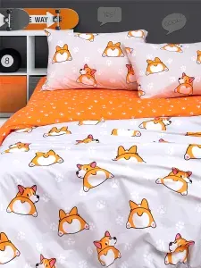 Постельное белье 1,5-спальное, наволочки 50х70, Поплин, хлопок Uniqcute, Корги оранжевый 71190/1