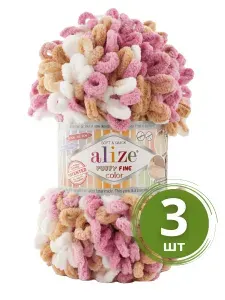 Пряжа Alize Puffy Fine Color (Пуффи Файн Колор) - 3 мотка Цвет: 6402 фуксия бежевый белый, маленькие петельки (2см), 100г 14м