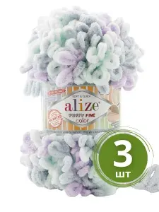 Пряжа Alize Puffy Fine Color (Пуффи Файн Колор) - 3 мотка цвет: 6466 Мятный / сиреневый / серый, маленькие петельки (2см), 100г 14м
