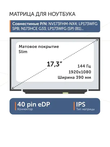 Матрица 17,3 B173HAN04.9 40 pin Slim 1920х1080 144Hz AHVA матовая