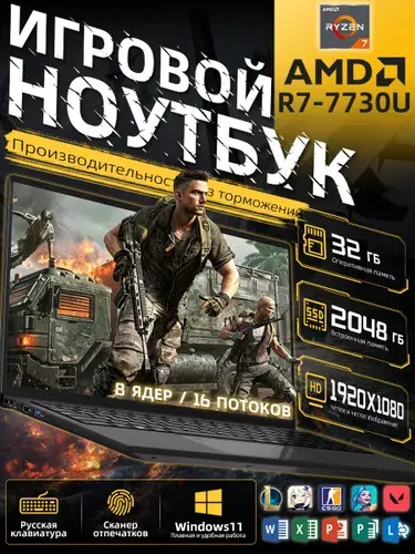 Игровой ноутбук, 8 ядер / 16 потоков Ноутбук 15.6", AMD Ryzen 7 7730U, RAM 32 ГБ, SSD 2048 ГБ, AMD Radeon Graphics, Windows Pro, серый металлик, серый, Русская раскладка