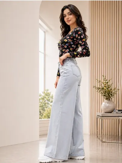 Женские широкие джинсы с высокой талией светло-серые wide leg denim брюки