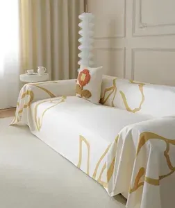 Покрывало на диван 180х300 см Joy.Yolife Абстракция бело-желтая, жаккарадовый чехол универсальный для прямого дивана, накидка