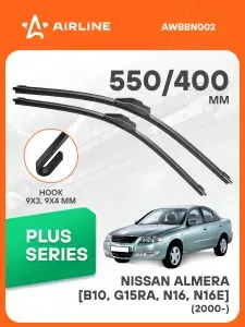 Щетки стеклоочистителя для Nissan Almera B10, N16E, G15RA, N16, N16E (2000-) 550/400мм 2 шт бескаркасные PLUS / Дворники автомобильные Ниссан Альмера AIRLINE AWBBN002