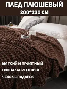 Плед 200х220, Покрывало на кровать, Коричневый, Пушистый мягкий плед на диван, Накидка