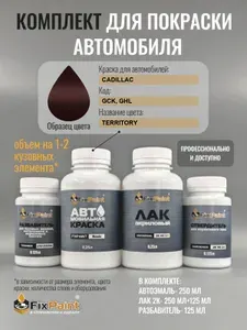 Комплект для покраски CADILLAC, код GCK, GHL, TERRITORY, базовая автомобильная краска 250 мл, лак 2K 250 мл с отвердителем, разбавитель 125 мл, FixPaint Pro