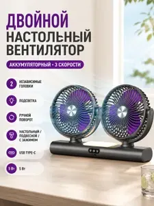 Вентилятор аккумуляторный настольный с двумя головками, мини вентилятор Type-C, 3 скорости, подсветка, настенный/подвесной