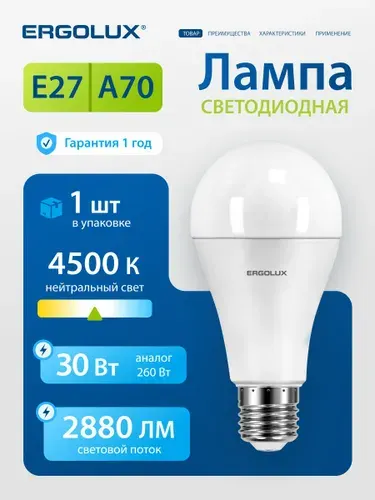Лампочка светодиодная E27 30Вт Ergolux, дневной белый свет, 1 шт