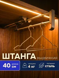 Штанга выдвижная для шкафа, вешалка выдвижная для одежды и плечиков, сталь, 40 см, нагрузка до 4 кг