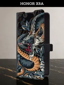 Чехол-книжка на Honor X8A (Хонор Х8А) с картой и принтом "Japanese Dragon"