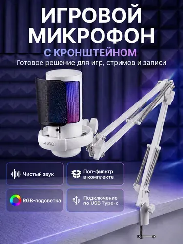 Игровой динамический микрофон для компьютера, Микрофон проводной на пантографе с RGB-подсветкой для стримов и записи