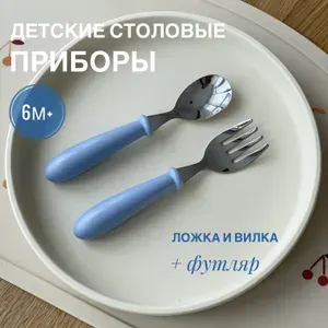 Детские столовые приборы синие, набор ложка и вилка в футляре для кормления ребенка