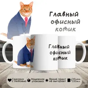 Кружка, мем, кот, главный офисный, в белой подарочной коробке