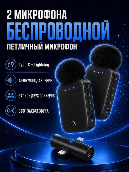 Петличный микрофон беспроводной 2 штуки для iPhone 14, 15, 16, 17 и Android Type-C