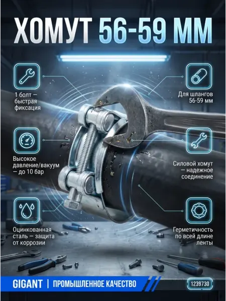 Хомут силовой шарнирный D56-59мм, оцинкованная сталь, шт