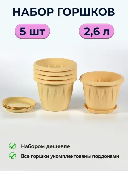 Горшки для цветов комнатных 2,6 л набор из 5 кашпо М-пластика