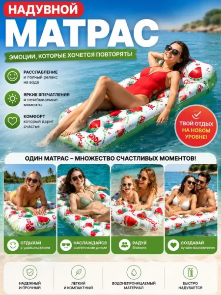 Матрас надувной пляжный для плавания взрослый 180х88 см YY&HOME