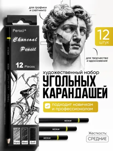 Набор угольных карандашей, 12 шт, средней жесткости