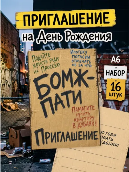 Пригласительные на день рождения бомж пати StickerHouse Natali Pank