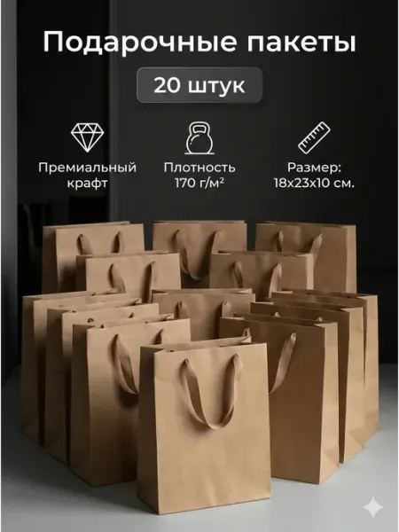 Крафт пакеты подарочные набор 20 шт. 18х23х10 см. Плотные ICONIC