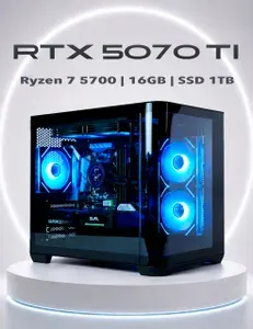 Системный блок Игровой Компьютер (AMD Ryzen 7 5700, RAM 16 ГБ, SSD 1000 ГБ, NVIDIA GeForce RTX 5070 Ti (16 Гб), Windows 11 Pro), прозрачный, черный