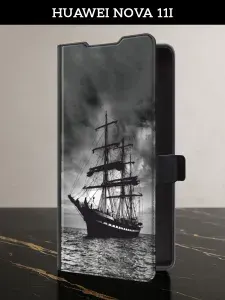 Чехол-книжка на Huawei Nova 11i (Хуавей Нова 11i) с картой и принтом "Корабль в пасмурном море"