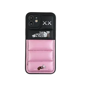 Чехол для iPhone 12 черный / розовый силиконовый дутый пуховик North Face