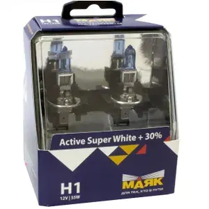 Лампа автомобильная галогеновая H1 Маяк Active Super White + 30% 12V 55W P14,5s (2 шт.) 72120ASW+30