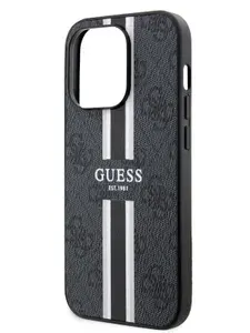 Чехол Guess PU leather MagSafe на Apple iPhone 15 Pro / для Айфон 15 Про с защитой камеры, со вставкой из экокожи, с принтом 4G Stripes, черный
