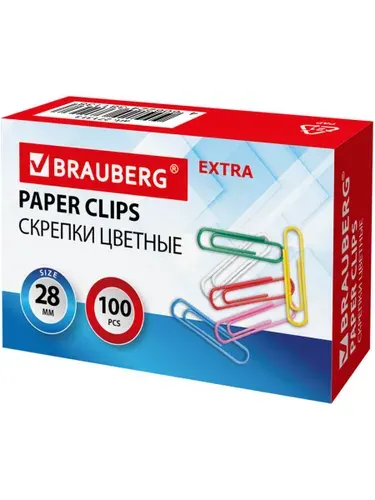Скрепки канцелярские металлические набор Extra Brauberg 28 мм цветные 100 штук