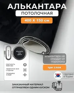 Потолочная ткань для автомобиля Алькантара на поролоне с сеткой - черная - толщина 3.5мм - 4 пог.м - 400х150см - обивочный материал для перетяжки салона