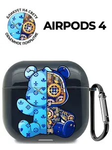 Чехол на Apple AirPods 4 с принтом "Синий Мишка с механизмом" черный