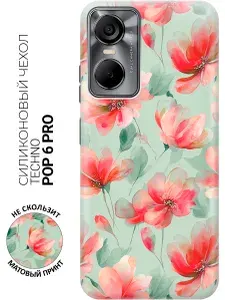Силиконовый чехол на Tecno Pop 6 Pro с принтом "Акварель красных цветов"